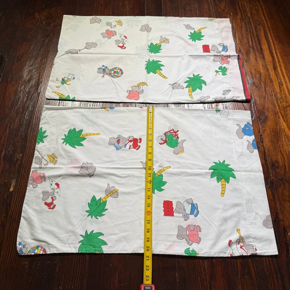 Vintage Babar the Elephant Pillowcase Set Kids Standard White Storybook Print